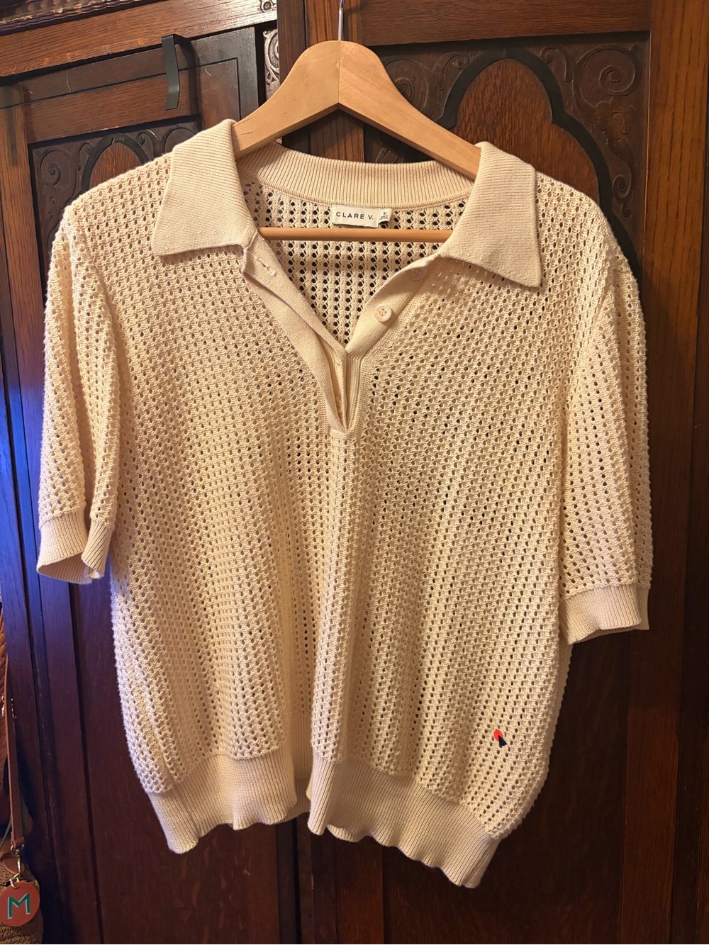 Clare V Cream Open-Knit Polo Sweater